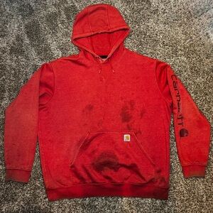 Carhartt Workwear Hoodie Sweatshirt Mens 2XL Red Faded Distressed Stained